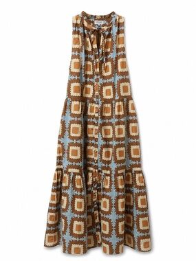 Sleeveless Geo Print Maxi Dress in Brown and Light Blue